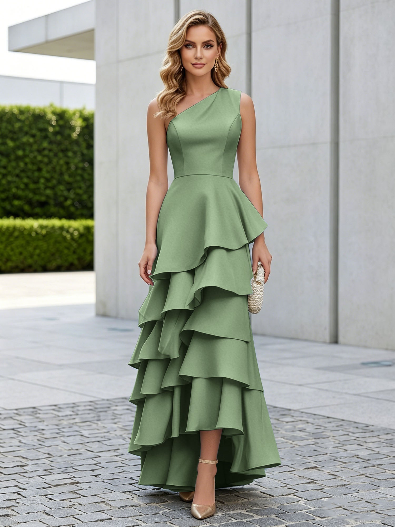 One Shoulder Tiered Ruffle Satin Mermaid Evening Gown with Sculptural Layers