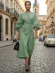 Loose Batwing Sleeve Dress Tight Waist Solid Color Elegant Dresses