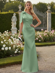 Light Blue One Shoulder Satin Sheath Long Bridesmaid Dresses