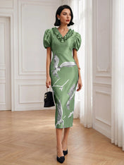 Black Folds V Neck Puff Sleeve Midi Sheath Dress
