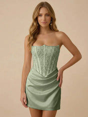 White Strapless Sequin Beaded Satin Short Homecoming Dress with Corset
