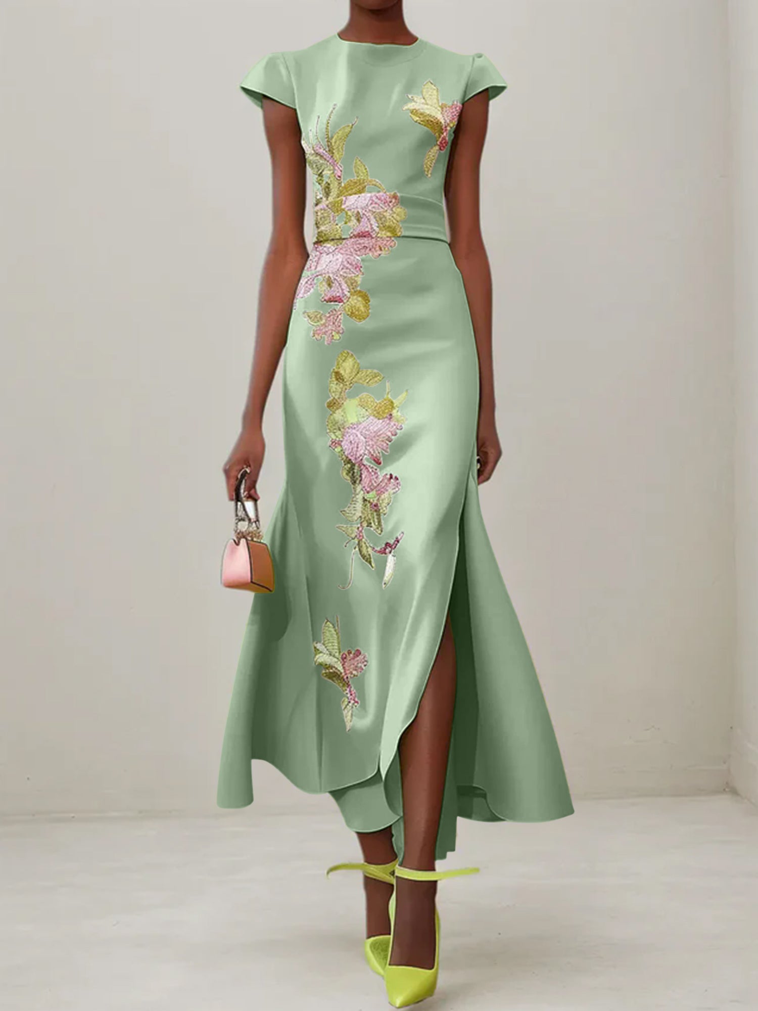 Green Floral Embroidered Cap Sleeve Slit Sheath Maxi Dress