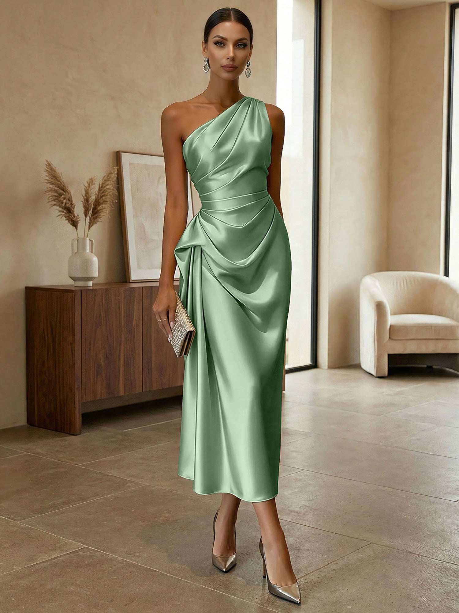 Champagne Ruched Satin One Shoulder Sleeveless Sheath Midi Dress