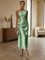 Champagne Ruched Satin One Shoulder Sleeveless Sheath Midi Dress