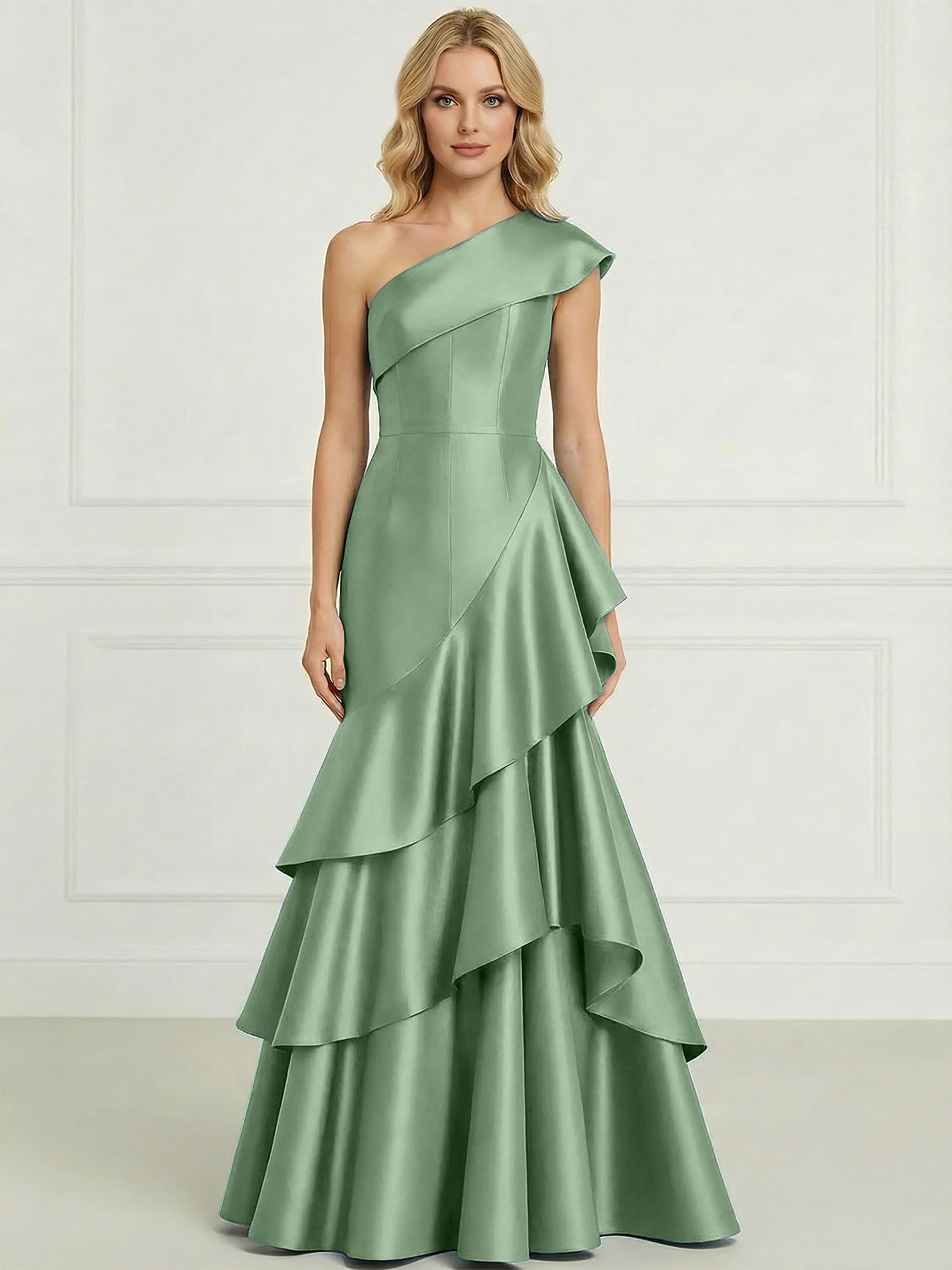 Formal Evening Dress Dark Blue One-Shoulder Satin Tiered Maxi Gown