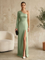 Long Sleeves Black One Shoulder Formal Dress Evening Gown