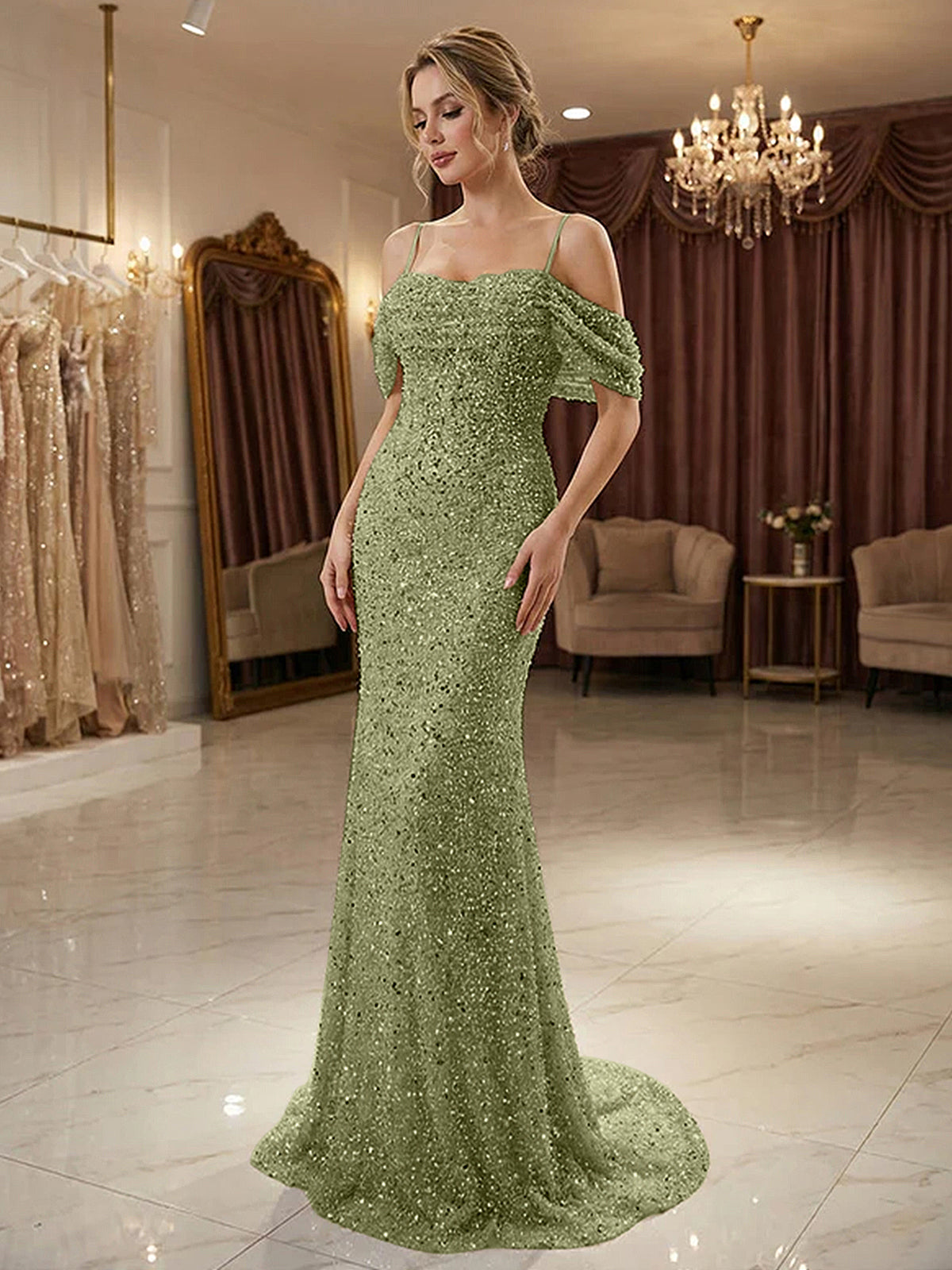 Sparkly Champagne Beaded Off-the-Shoulder Mermaid Long Prom Dress