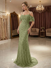 Sparkly Champagne Beaded Off-the-Shoulder Mermaid Long Prom Dress