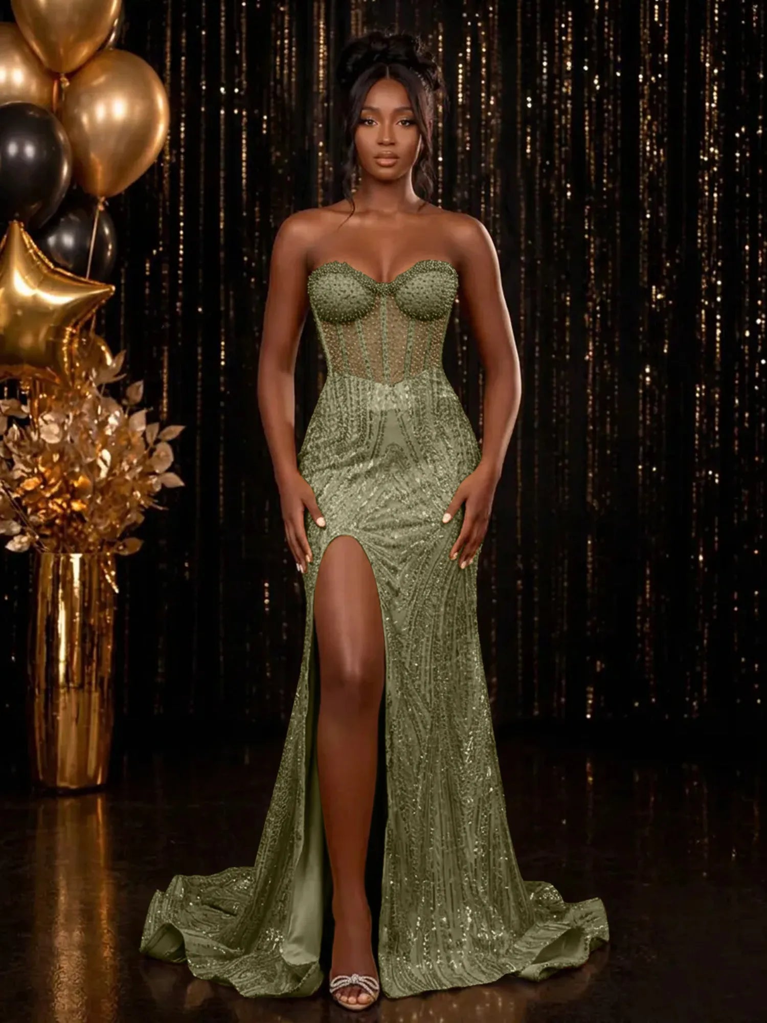 Strapless Sequin-Embellished Mermaid Prom Dress