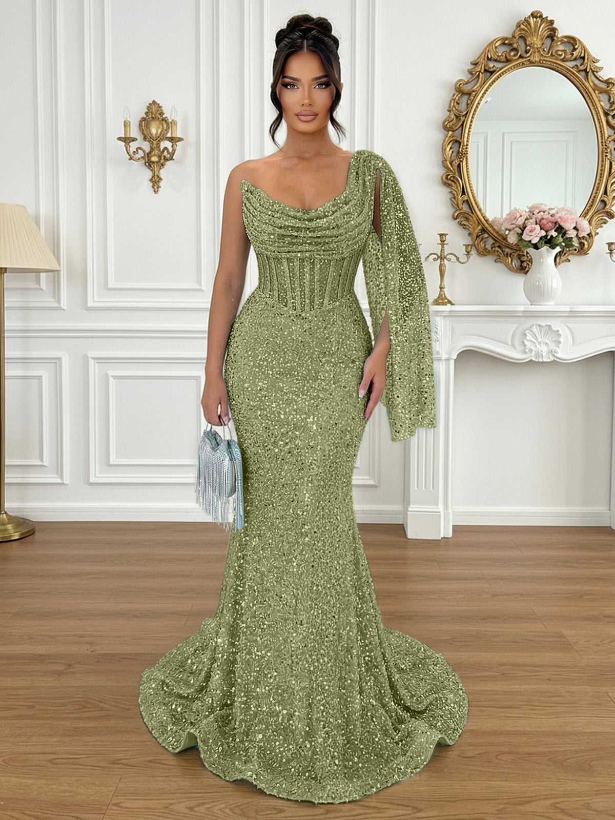 Glamorous Ice Blue One-Shoulder Sequin Corset Mermaid Prom Dresses