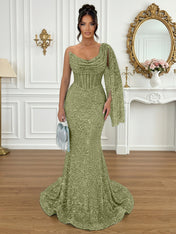 Glamorous Ice Blue One-Shoulder Sequin Corset Mermaid Prom Dresses