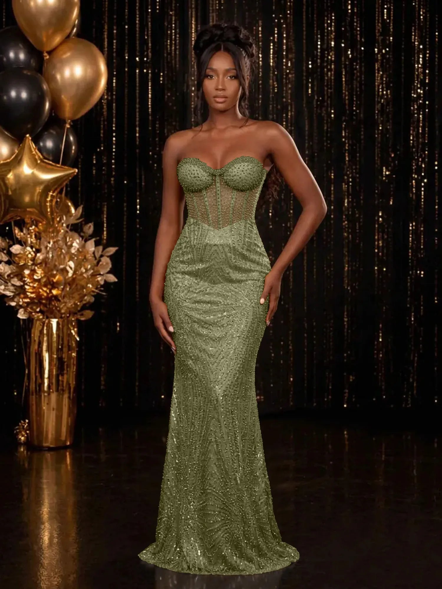 Strapless Sequin-Accented Mermaid Prom Dress with High Slit