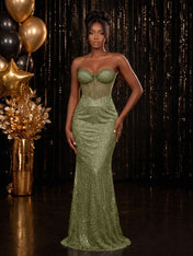Strapless Sequin-Accented Mermaid Prom Dress with High Slit