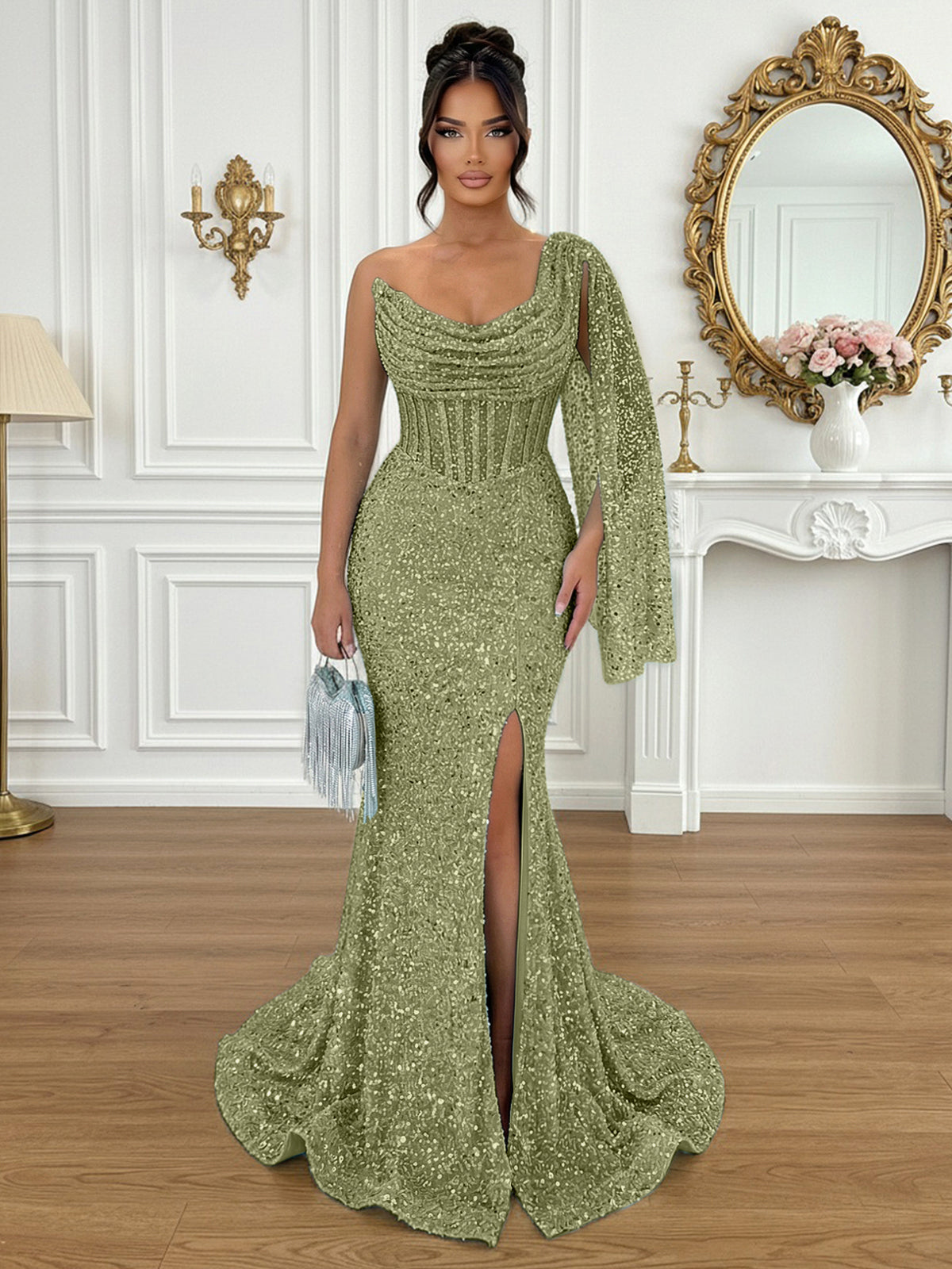 Glamorous Ice Blue One-Shoulder Sequin Corset Mermaid Prom Dresses with Slit