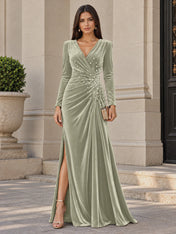 V-Neck Pearl Ruched Burgundy Velvet Floor-Length Evening Dresses with Long Sleeves