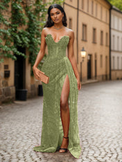 Red Strapless Beaded Fringe Waist Sequin Prom Dress with High Slit