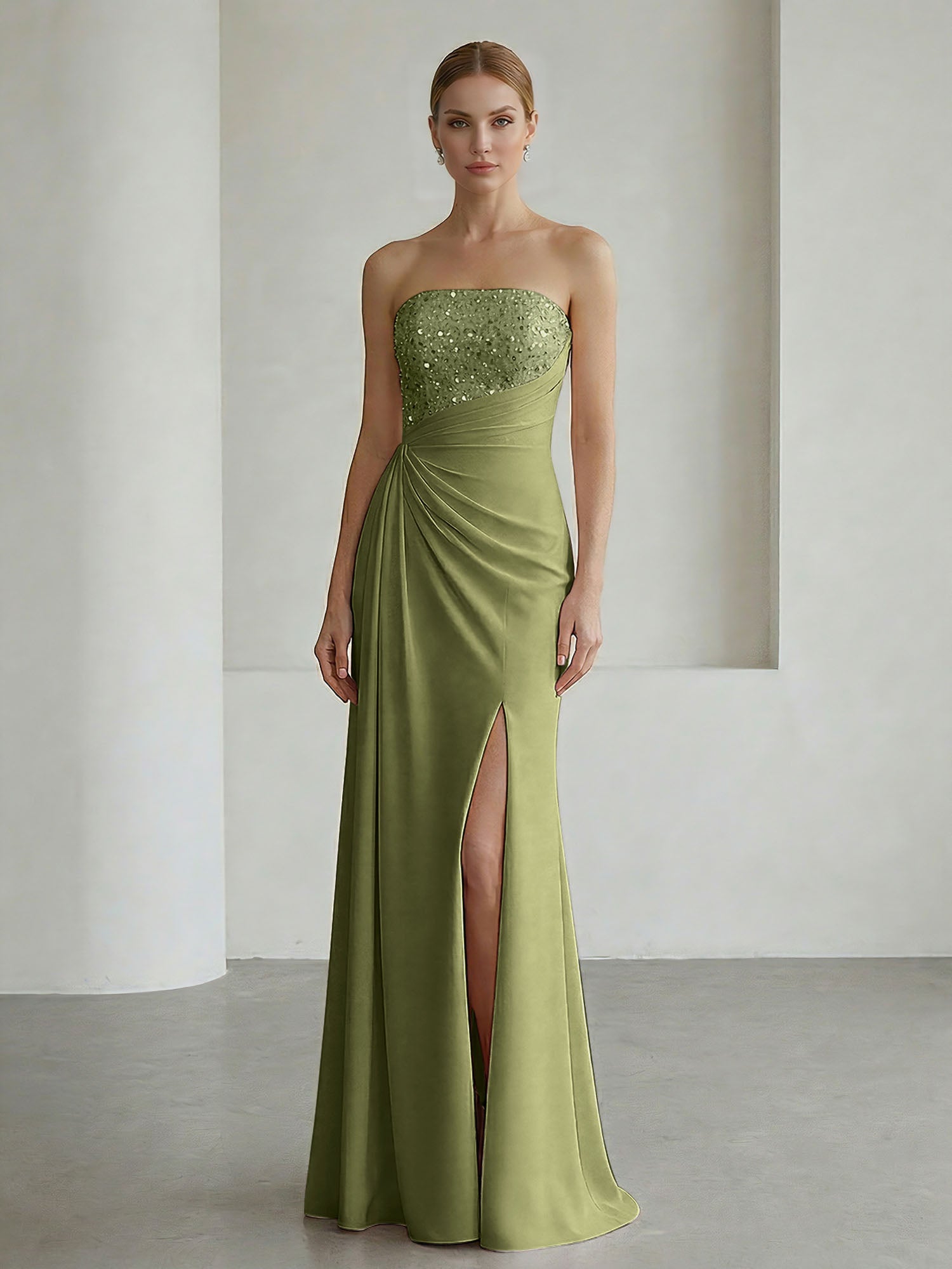 Glamorous Formal Evening Dress Soft Blush Beaded Strapless Slit Gown