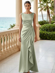Dusty Blue Scoop Neck Evening Dress with Ruffle Mermaid Maxi Dress