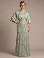 Bateau Neck Satin Evening Gown with 3/4 Batwing Sleeves Mother of The Bride Dresses