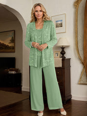 Dusty Sage Chiffon Mother of the Bride Pantsuits with Jacket & Sequins