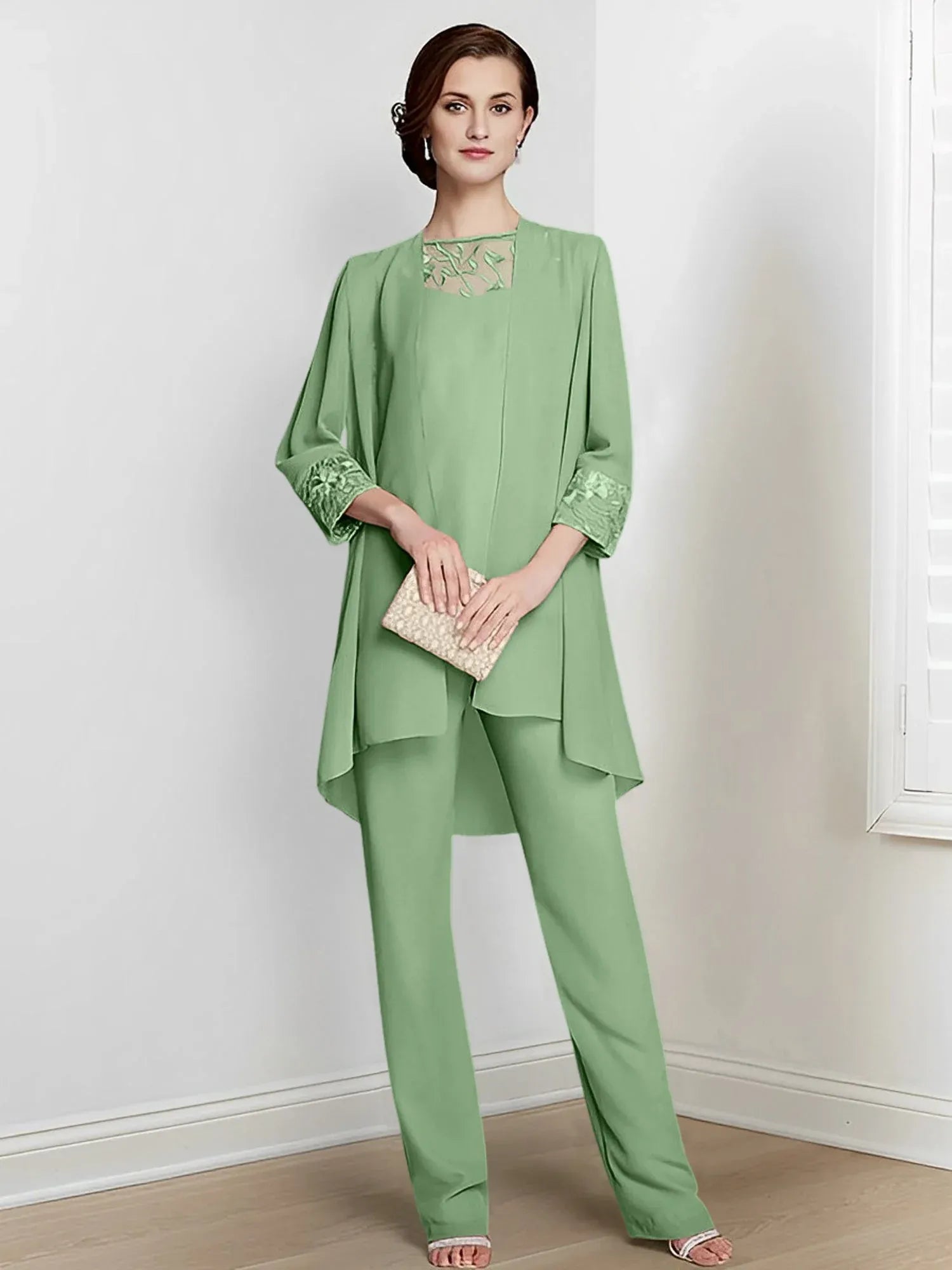 Tailleur-pantalon en mousseline à manches longues pour mère de la mariée avec veste 