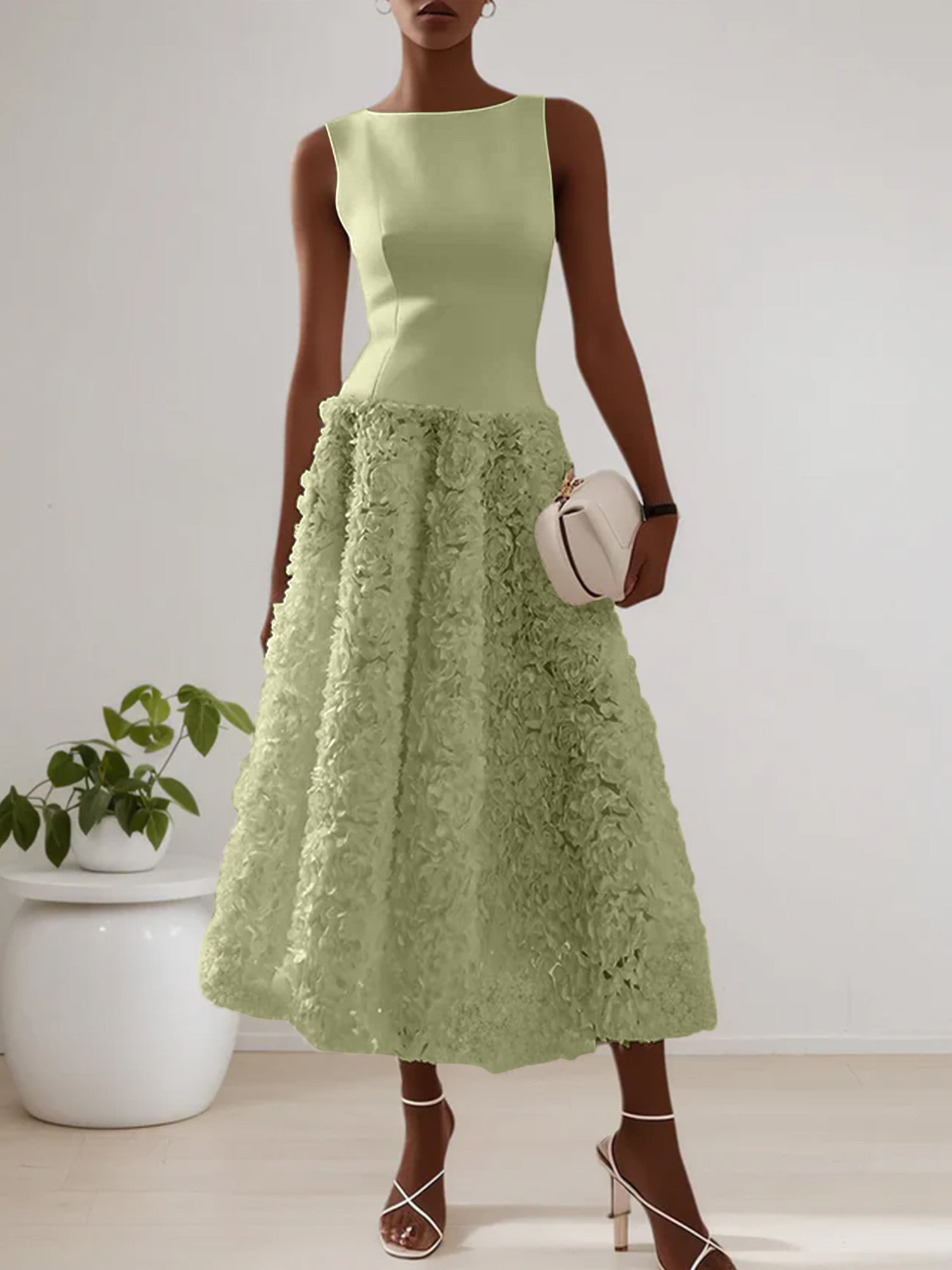 White 3D Floral Boat Neck A-Line Midi Dress