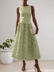 White 3D Floral Boat Neck A-Line Midi Dress