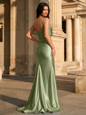 Sky Blue Satin Corset Long Prom Dress with Draped Neckline