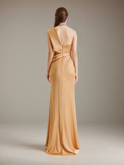 Champagne Satin One Shoulder Sleeveless Asymmetrical Length Dress with High Slit
