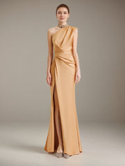 Champagne Satin One Shoulder Sleeveless Asymmetrical Length Dress with High Slit