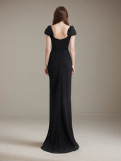 Black Stretch Crepe Square Neck Floor Length Dress with Bow Sleeves