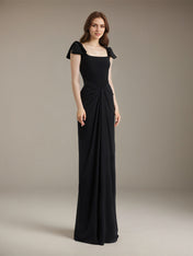 Black Stretch Crepe Square Neck Floor Length Dress with Bow Sleeves