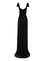Black Stretch Crepe Square Neck Floor Length Dress with Bow Sleeves