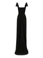 Black Stretch Crepe Square Neck Floor Length Dress with Bow Sleeves
