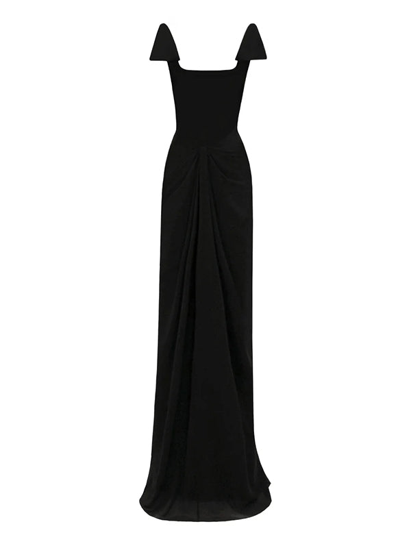 Black Stretch Crepe Square Neck Floor Length Dress with Bow Sleeves