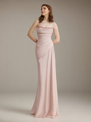 Pink Chiffon Off the Shoulder Floor Length Dress with Rhinestone Details