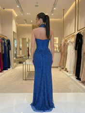 Electric Royal Blue Strapless Beaded Sequin Slit Prom Dress with Choker