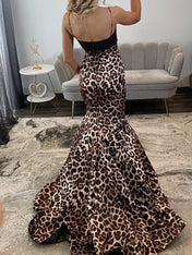 Elegance Leopard Print Mermaid Prom Dress with Black Bow Detail