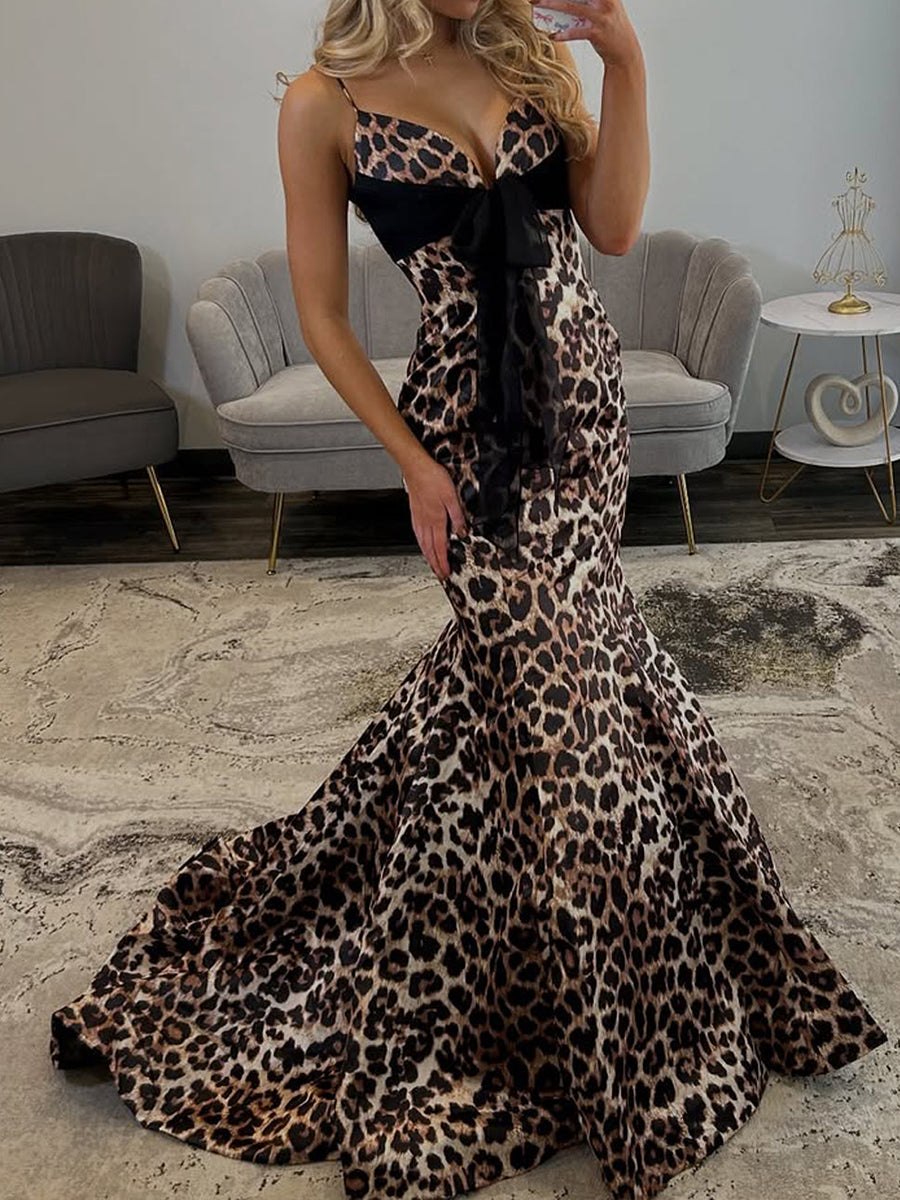 Elegance Leopard Print Mermaid Prom Dress with Black Bow Detail
