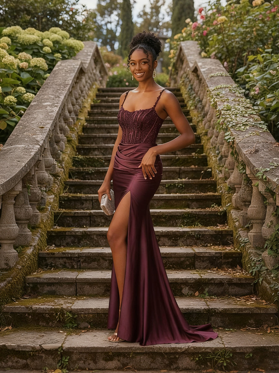 Elegant Beaded Corset Mermaid Long Prom Dress with Slit