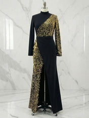 Elegant Black And Gold Sequin High-Neck Slit Maxi Dress Gown