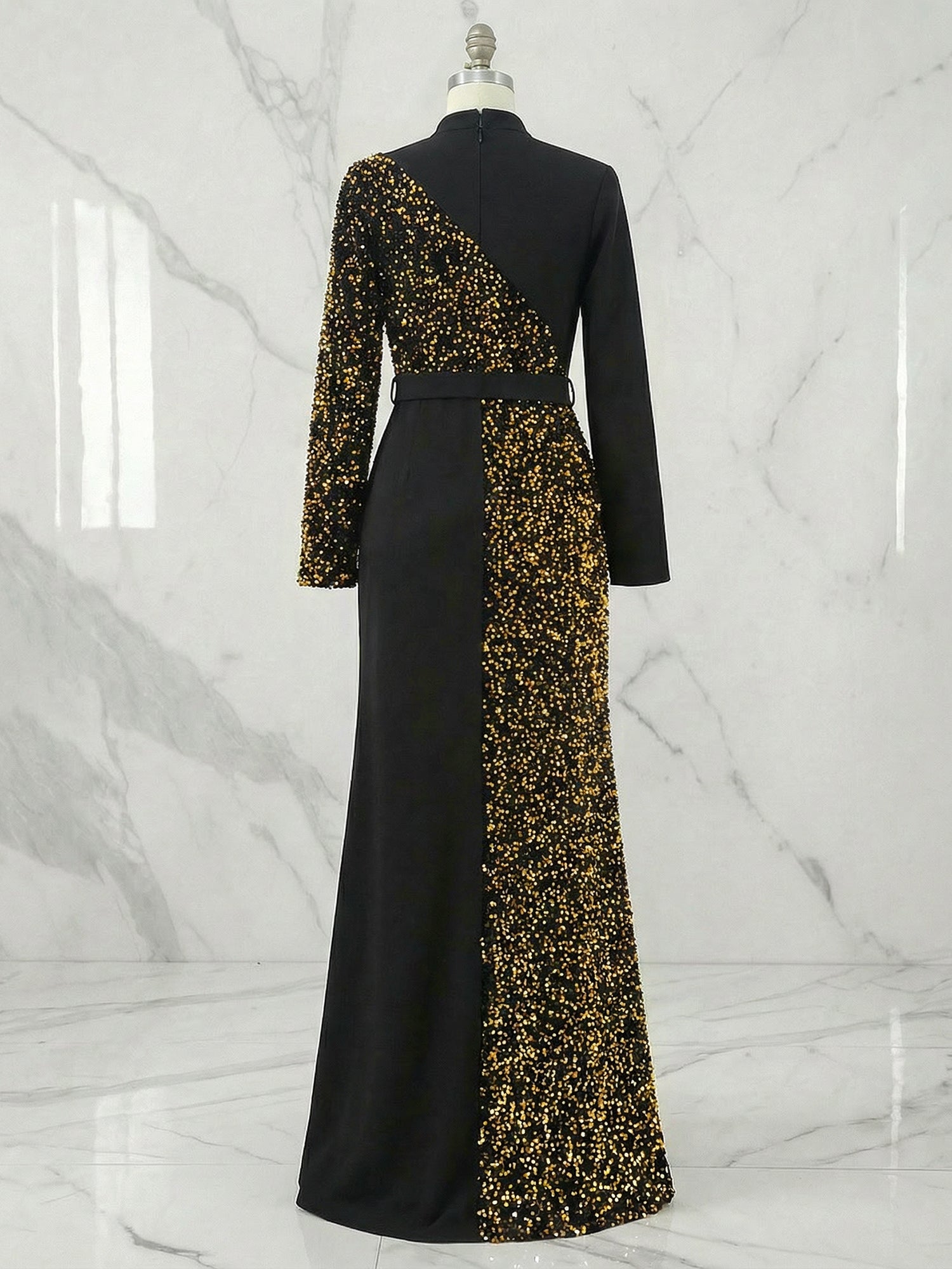 Elegant Black And Gold Sequin High-Neck Slit Maxi Dress Gown