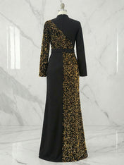 Elegant Black And Gold Sequin High-Neck Slit Maxi Dress Gown