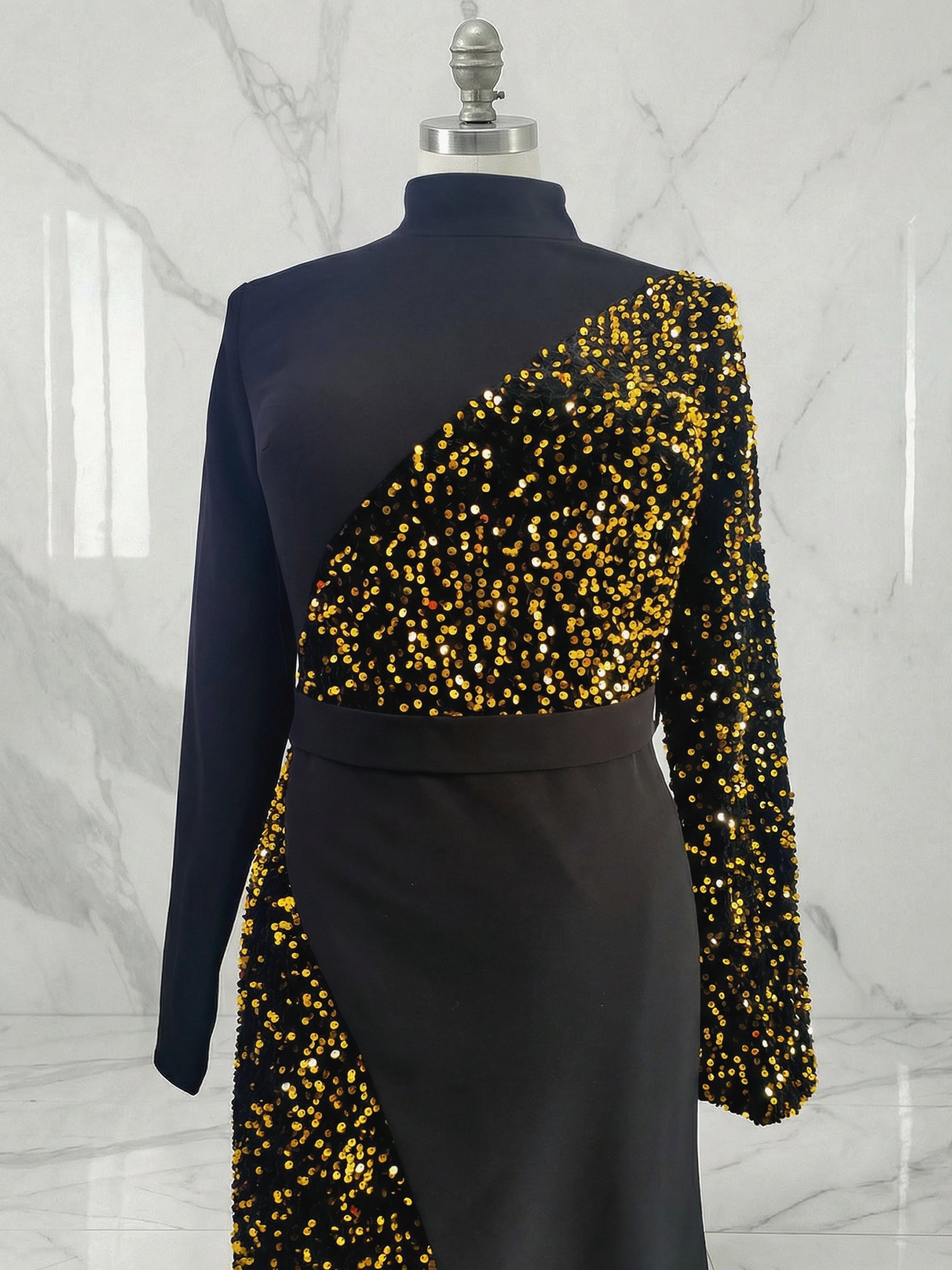 Elegant Black And Gold Sequin High-Neck Slit Maxi Dress Gown