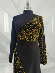 Elegant Black And Gold Sequin High-Neck Slit Maxi Dress Gown