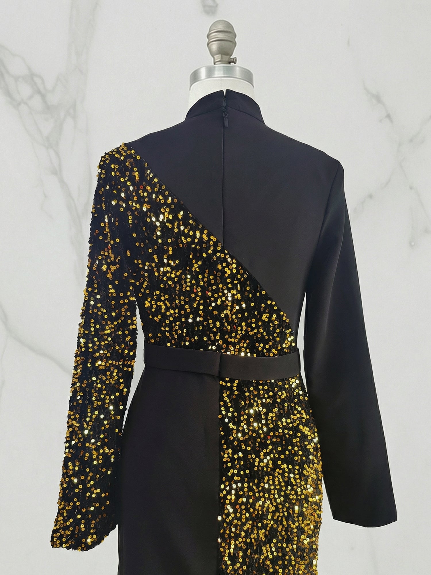 Elegant Black And Gold Sequin High-Neck Slit Maxi Dress Gown
