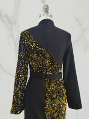 Elegant Black And Gold Sequin High-Neck Slit Maxi Dress Gown