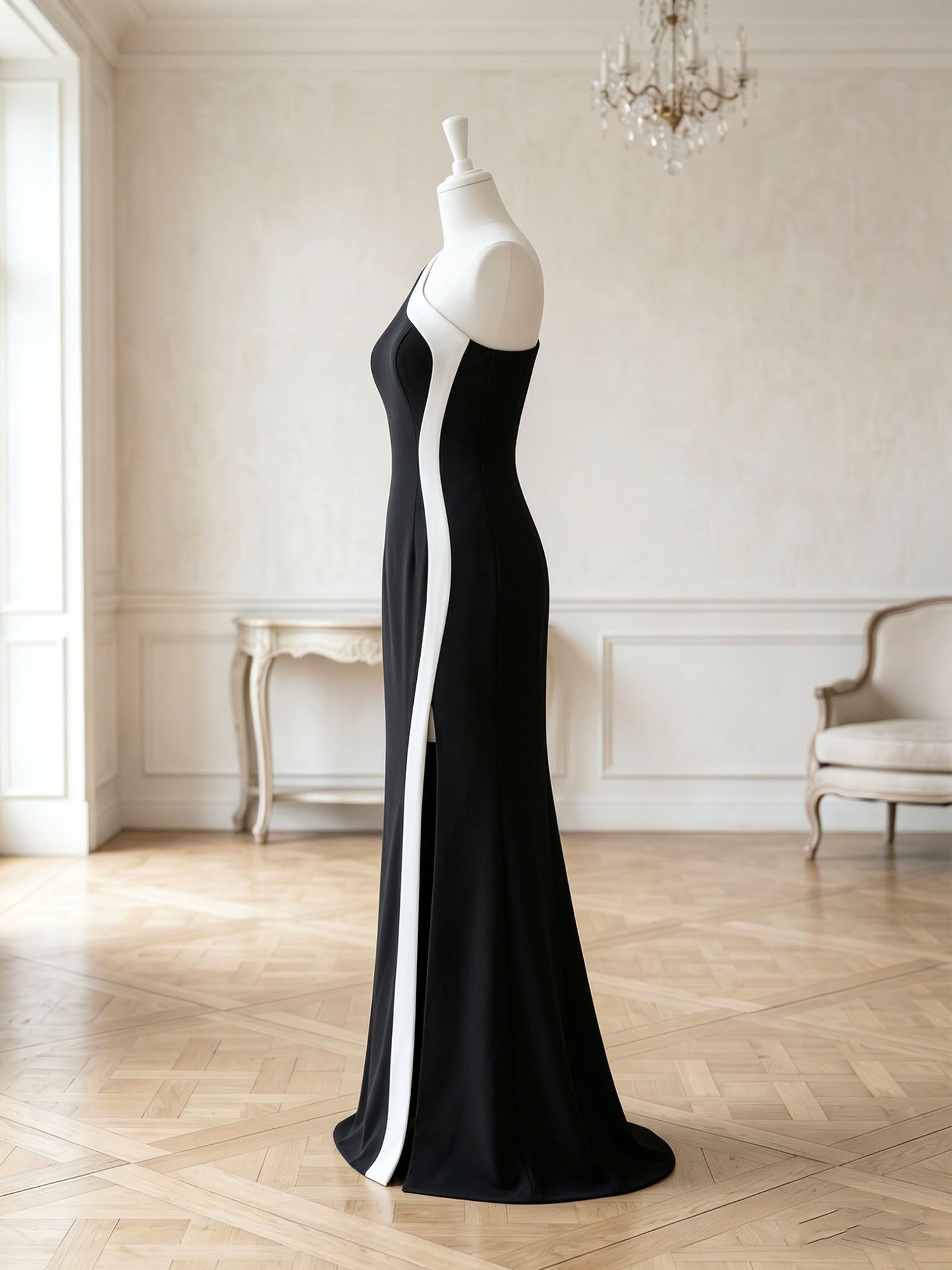 Elegant Black One-Shoulder Contrast Trim High-Slit Evening Gown