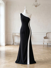 Elegant Black One-Shoulder Contrast Trim High-Slit Evening Gown