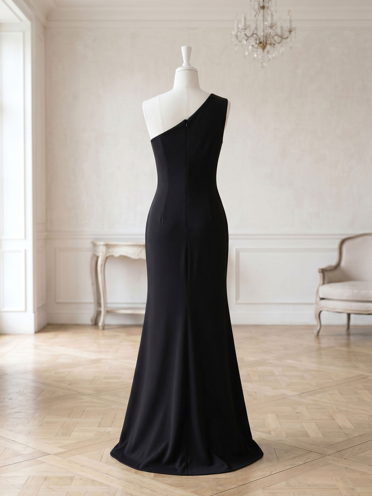 Elegant Black One-Shoulder Contrast Trim High-Slit Evening Gown